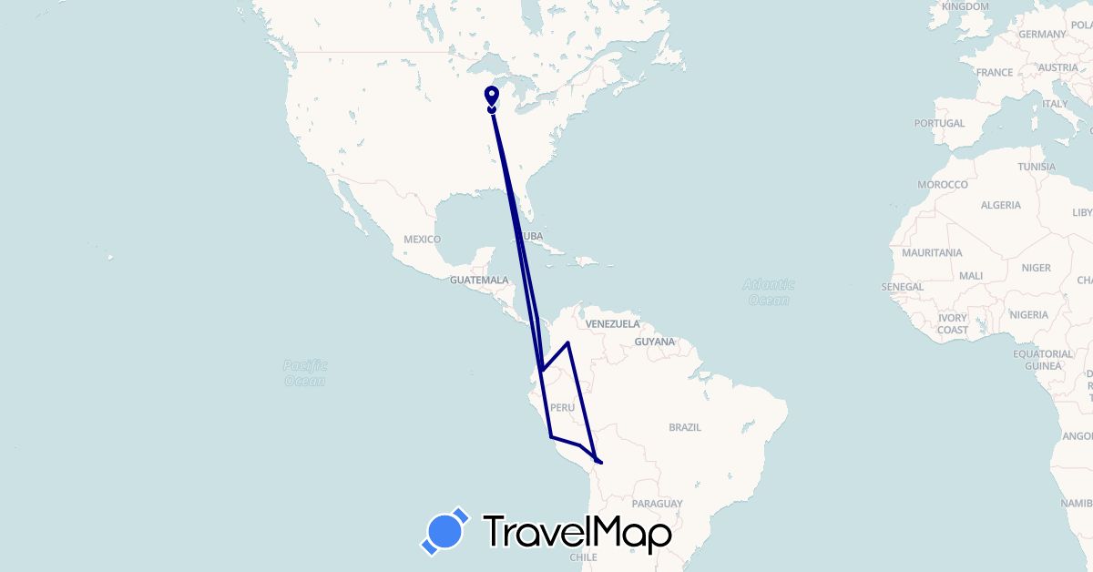 TravelMap itinerary: driving in Bolivia, Colombia, Ecuador, Panama, Peru, United States (North America, South America)